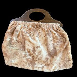 Vintage Handbag Purse Wooden Handles Fur Material Cowhide Print Brown And White
